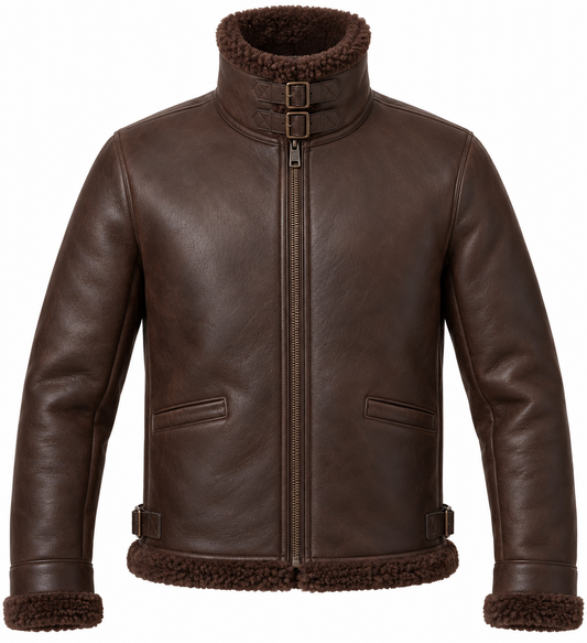 Men’s Brown Sheepskin Shearling Buckle-Waist Buckle-Collar Pilot Jacket — SH033