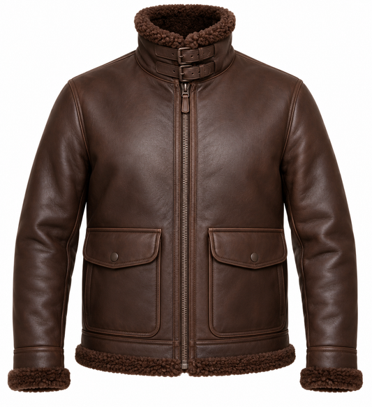 Men’s Brown Sheepskin Shearling Patch-Pocket Buckle-Collar Pilot Jacket — SH034