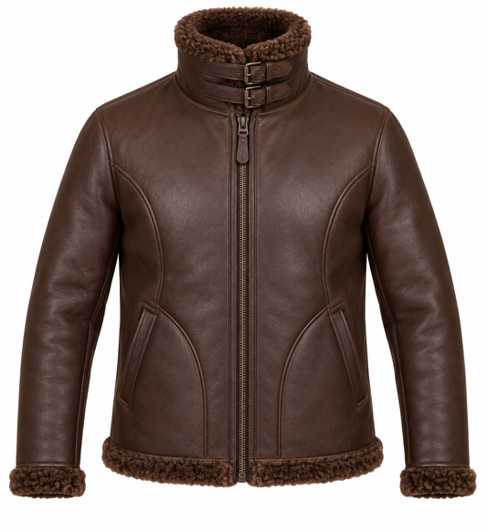Men’s Brown Sheepskin Shearling Curved-Panel Buckle-Collar Pilot Jacket — SH035