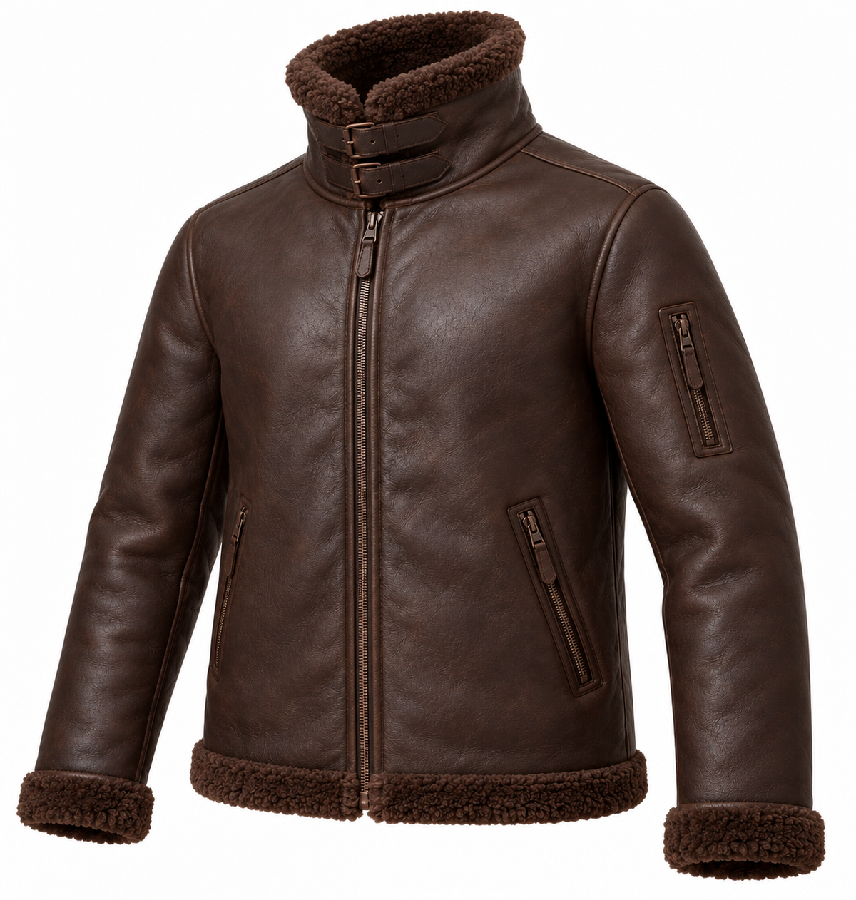 Men’s Brown Sheepskin Shearling Utility-Zip Buckle-Collar Pilot Jacket — SH036