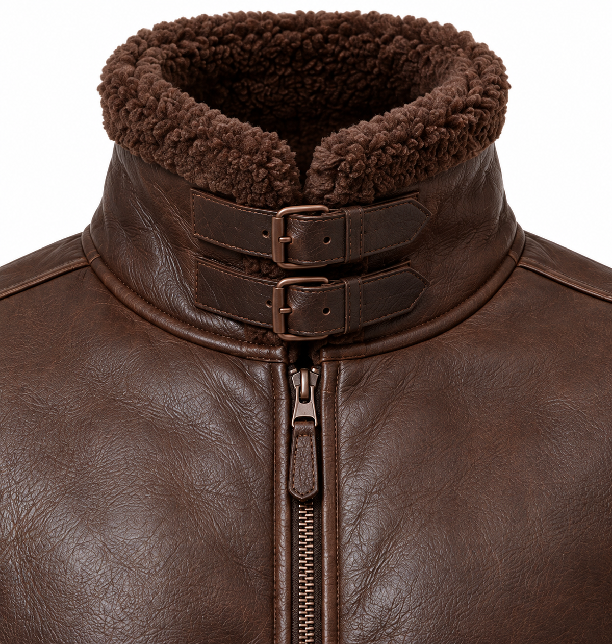 Men’s Brown Sheepskin Shearling Utility-Zip Buckle-Collar Pilot Jacket — SH036