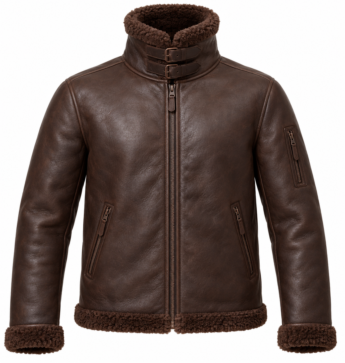 Men’s Brown Sheepskin Shearling Utility-Zip Buckle-Collar Pilot Jacket — SH036