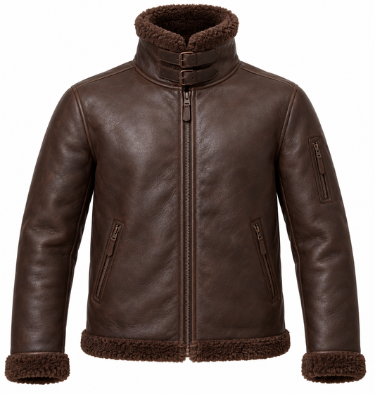 Men’s Brown Sheepskin Shearling Utility-Zip Buckle-Collar Pilot Jacket — SH036