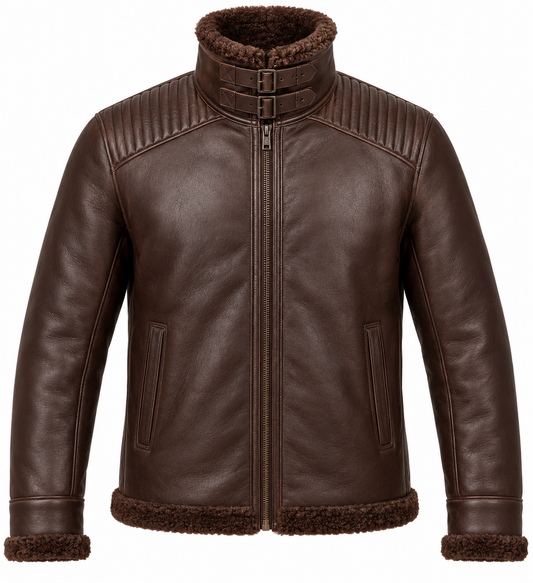 Men’s Brown Sheepskin Shearling Channel-Yoke Buckle-Collar Pilot Jacket — SH037