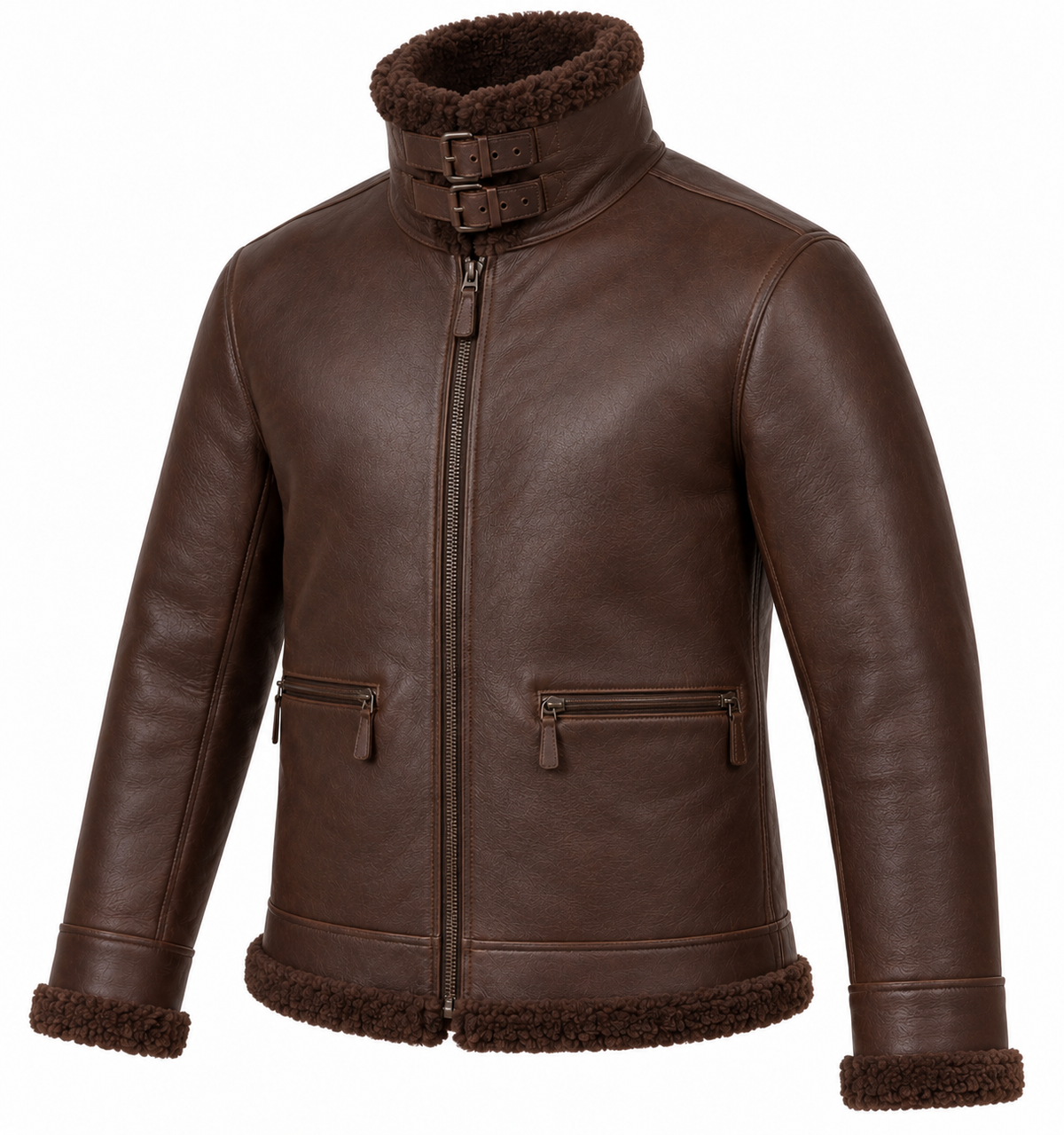 Men’s Brown Sheepskin Shearling Half-Belt Buckle-Collar Pilot Jacket — SH038
