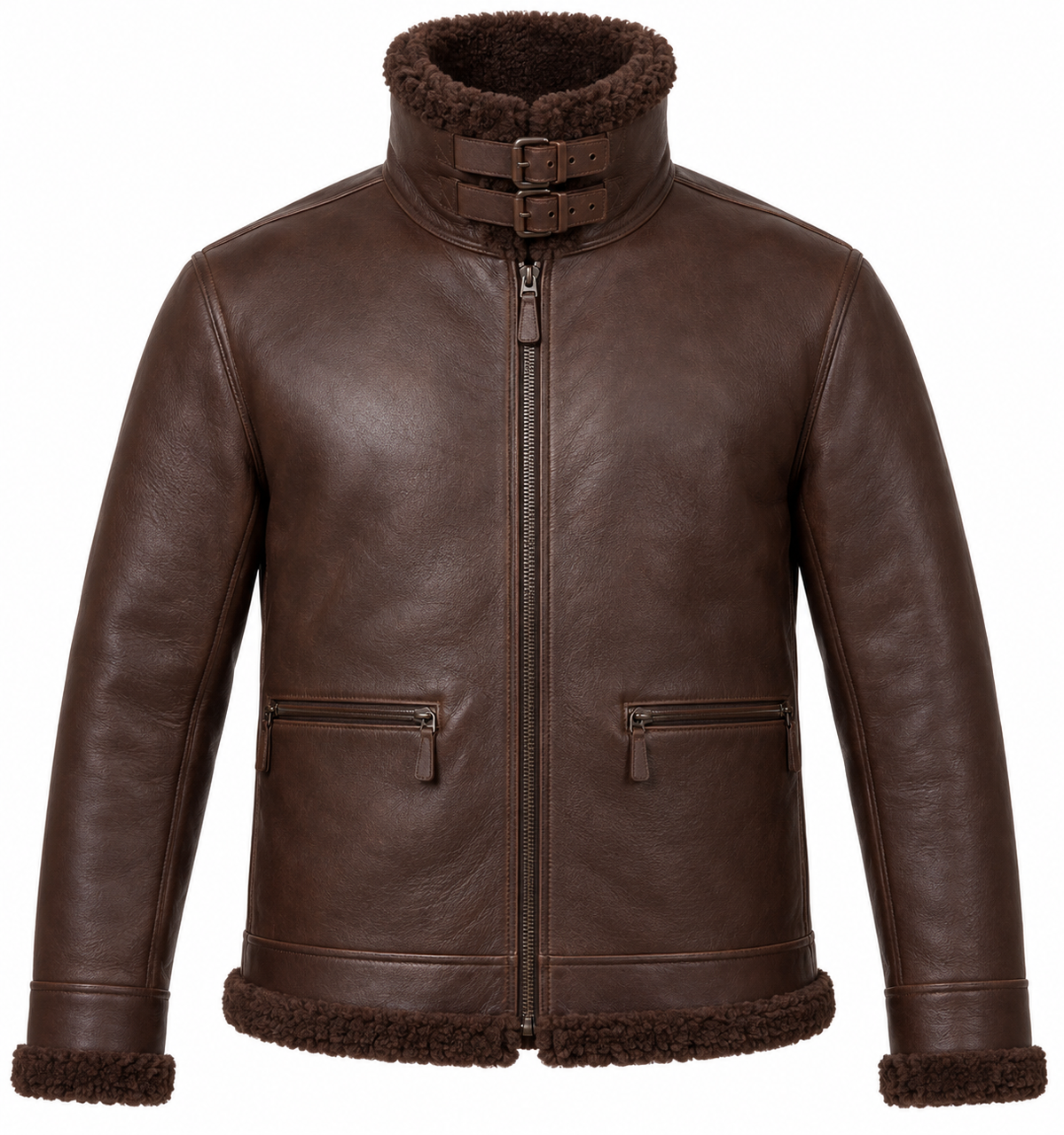 Men’s Brown Sheepskin Shearling Half-Belt Buckle-Collar Pilot Jacket — SH038