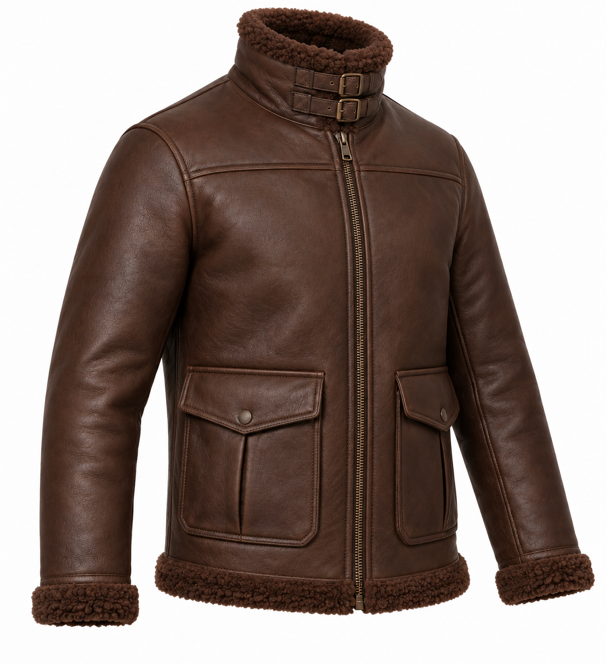 Men’s Brown Sheepskin Shearling Angular-Flap Buckle-Collar Pilot Jacket — SH039