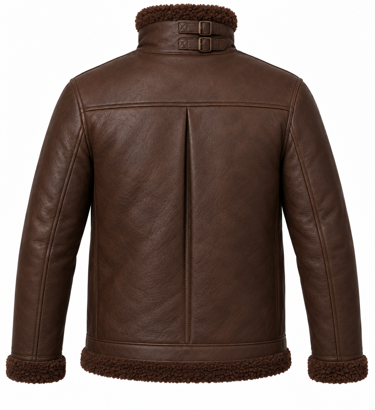 Men’s Brown Sheepskin Shearling Angular-Flap Buckle-Collar Pilot Jacket — SH039