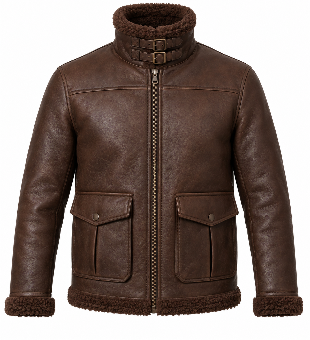 Men’s Brown Sheepskin Shearling Angular-Flap Buckle-Collar Pilot Jacket — SH039
