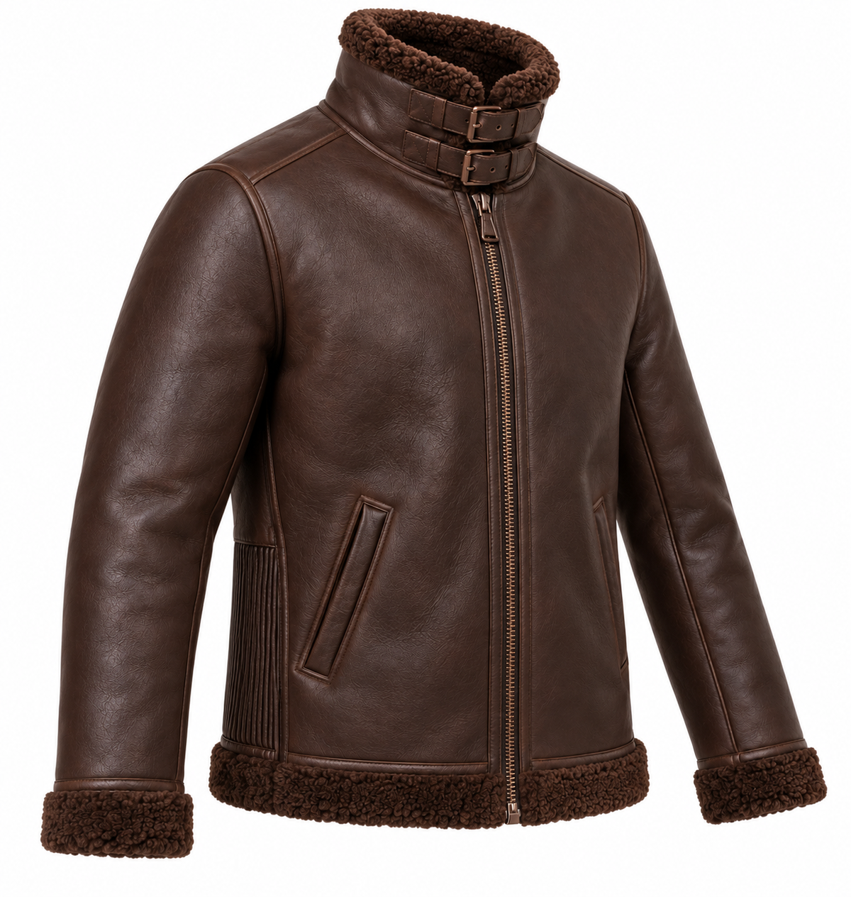 Men’s Brown Sheepskin Shearling Accordion-Side Buckle-Collar Pilot Jacket — SH040