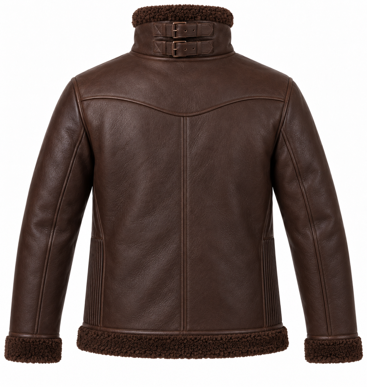 Men’s Brown Sheepskin Shearling Accordion-Side Buckle-Collar Pilot Jacket — SH040