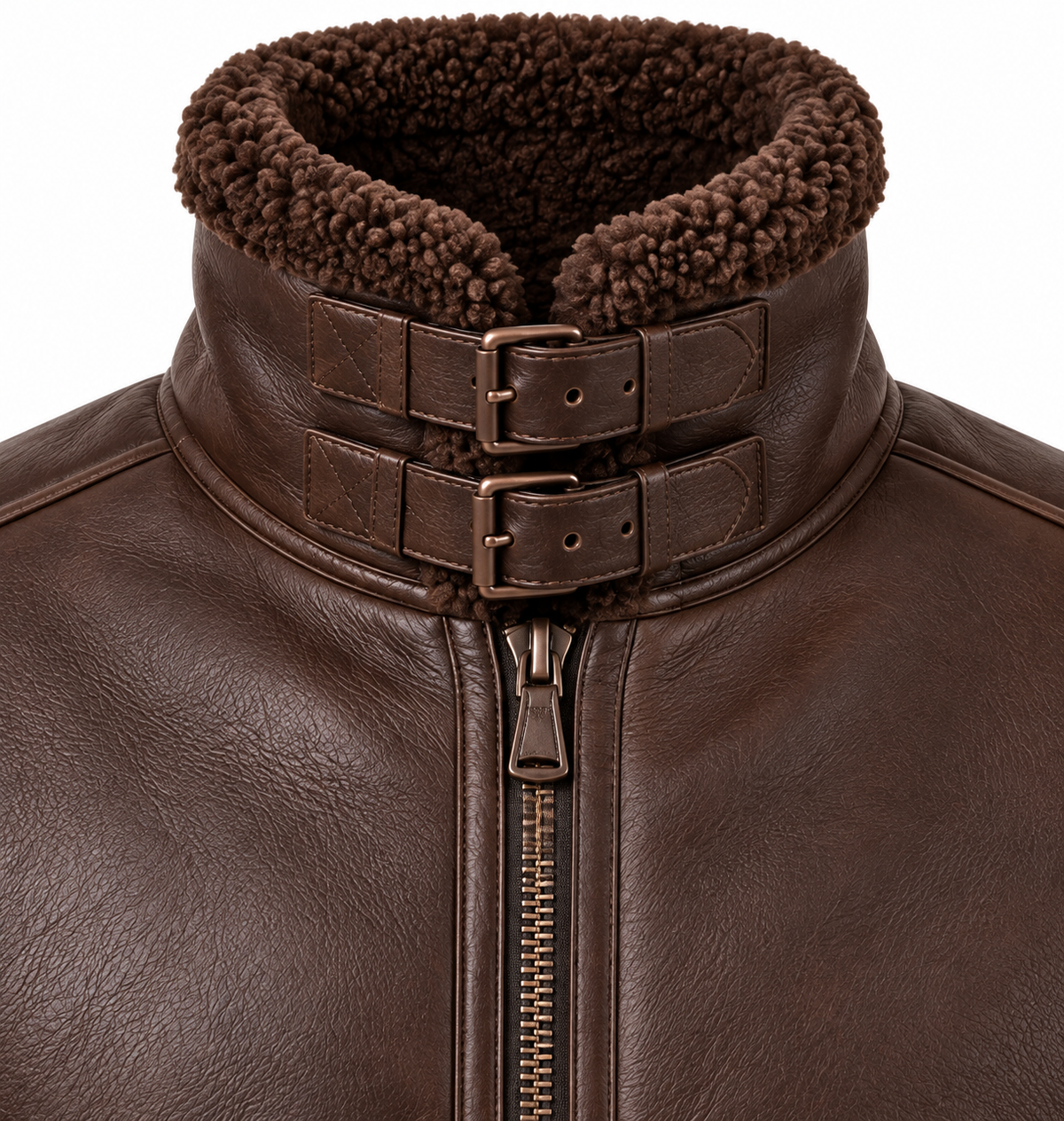 Men’s Brown Sheepskin Shearling Accordion-Side Buckle-Collar Pilot Jacket — SH040