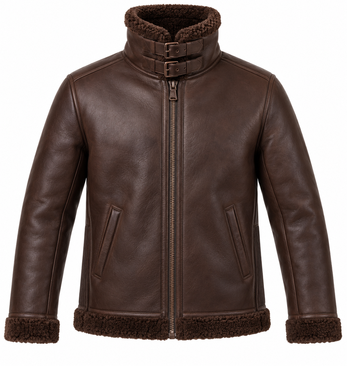 Men’s Brown Sheepskin Shearling Accordion-Side Buckle-Collar Pilot Jacket — SH040