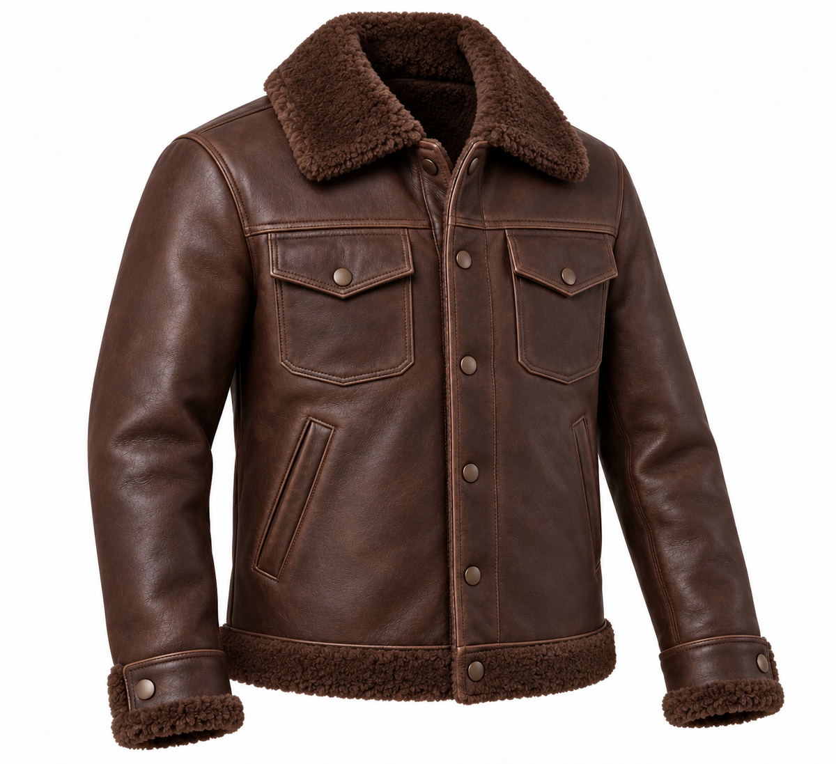 Men’s Brown Sheepskin Shearling Slanted-Welt Trucker Jacket — SH041