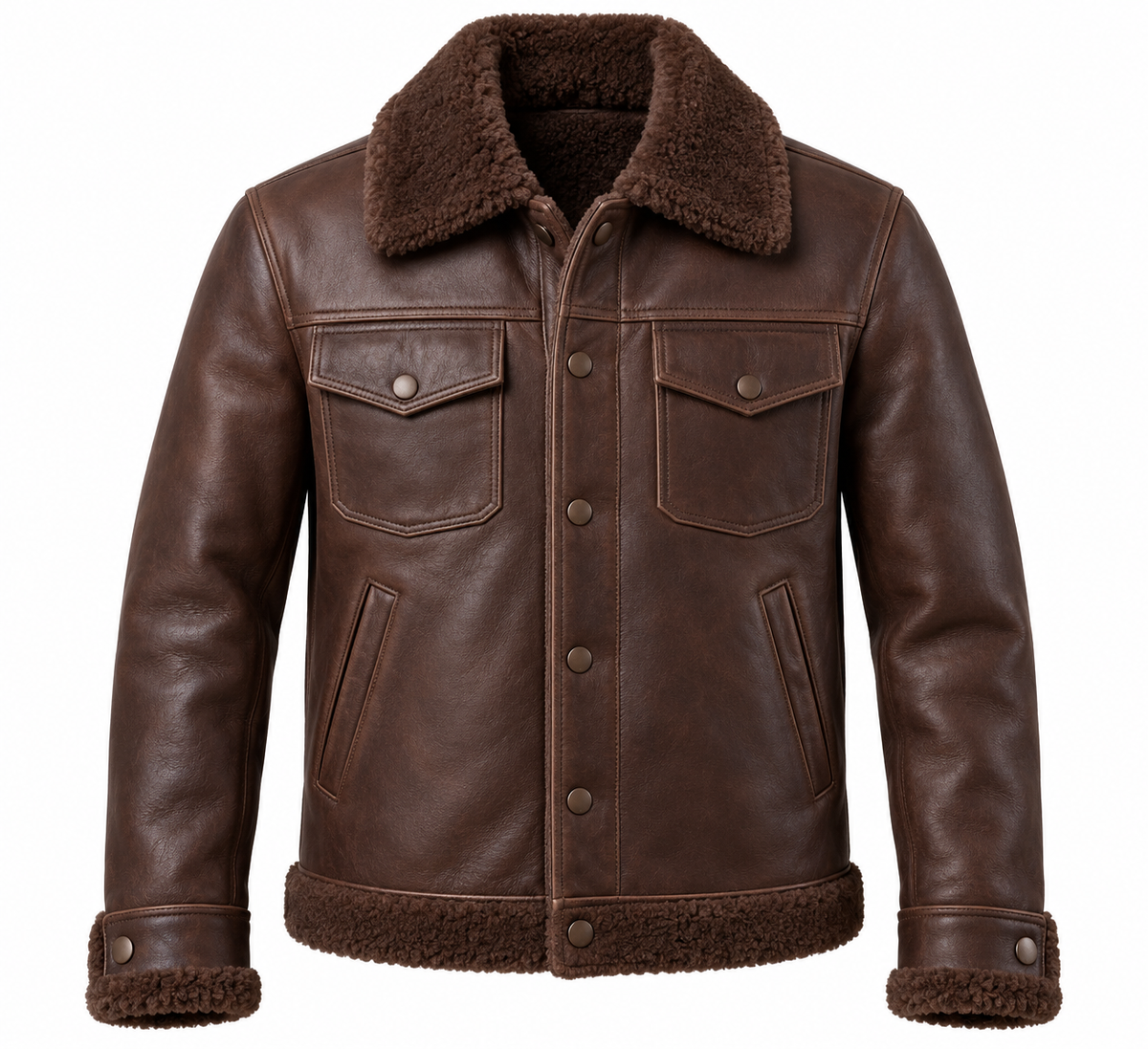 Men’s Brown Sheepskin Shearling Slanted-Welt Trucker Jacket — SH041