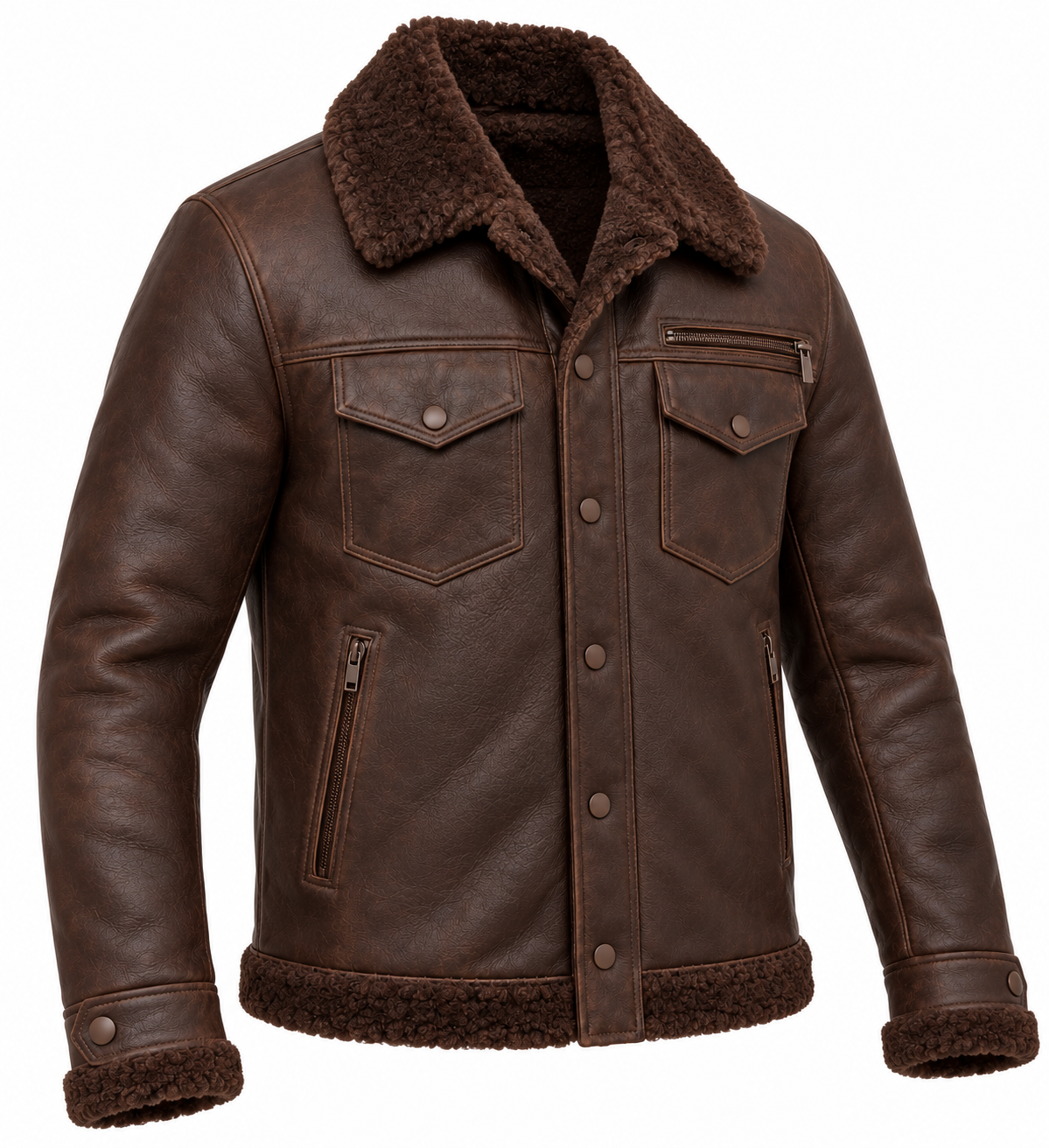 Men’s Brown Sheepskin Shearling Twin-Zip Trucker Jacket — SH042