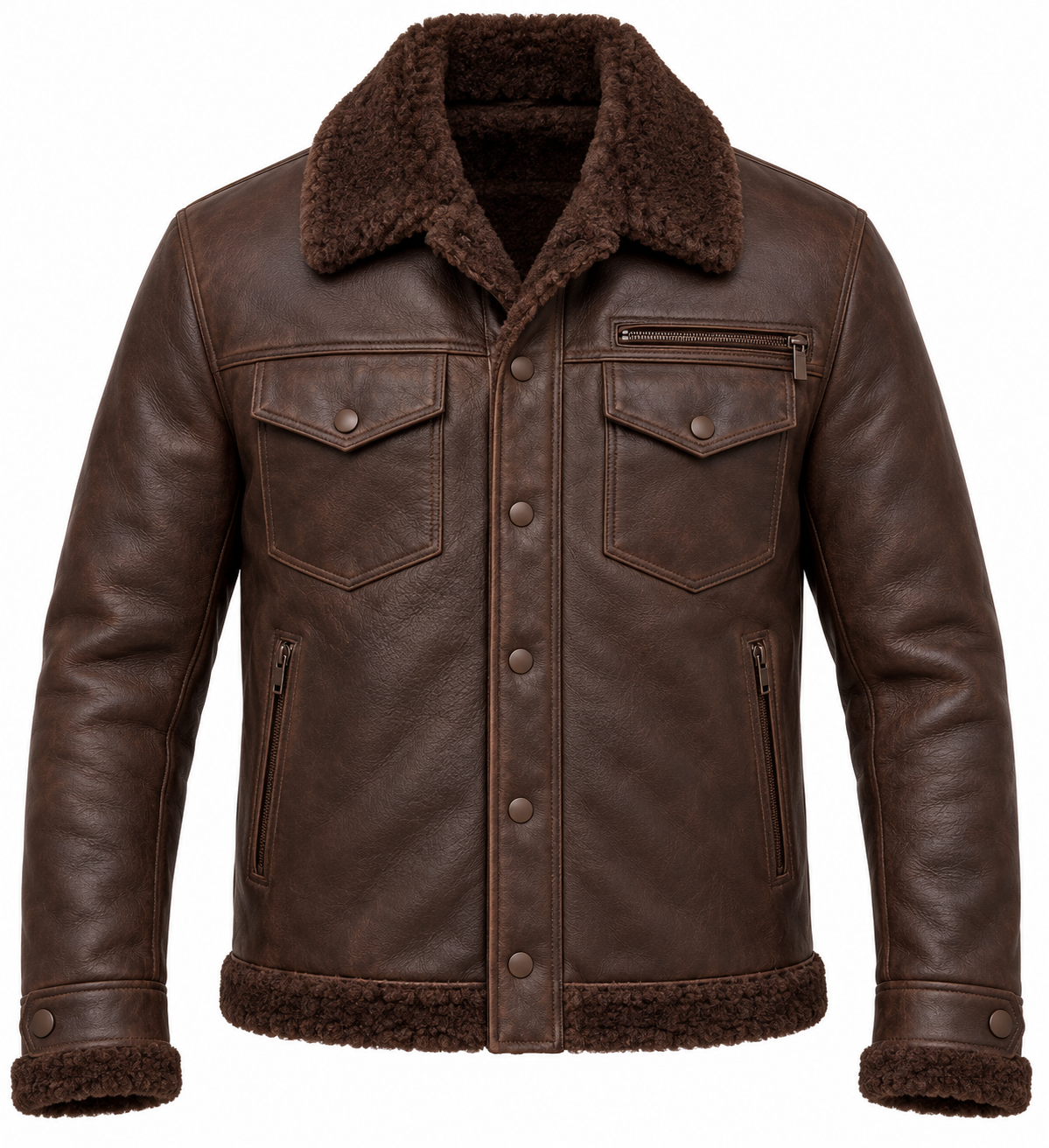 Men’s Brown Sheepskin Shearling Twin-Zip Trucker Jacket — SH042