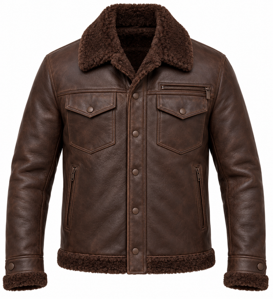 Men’s Brown Sheepskin Shearling Twin-Zip Trucker Jacket — SH042