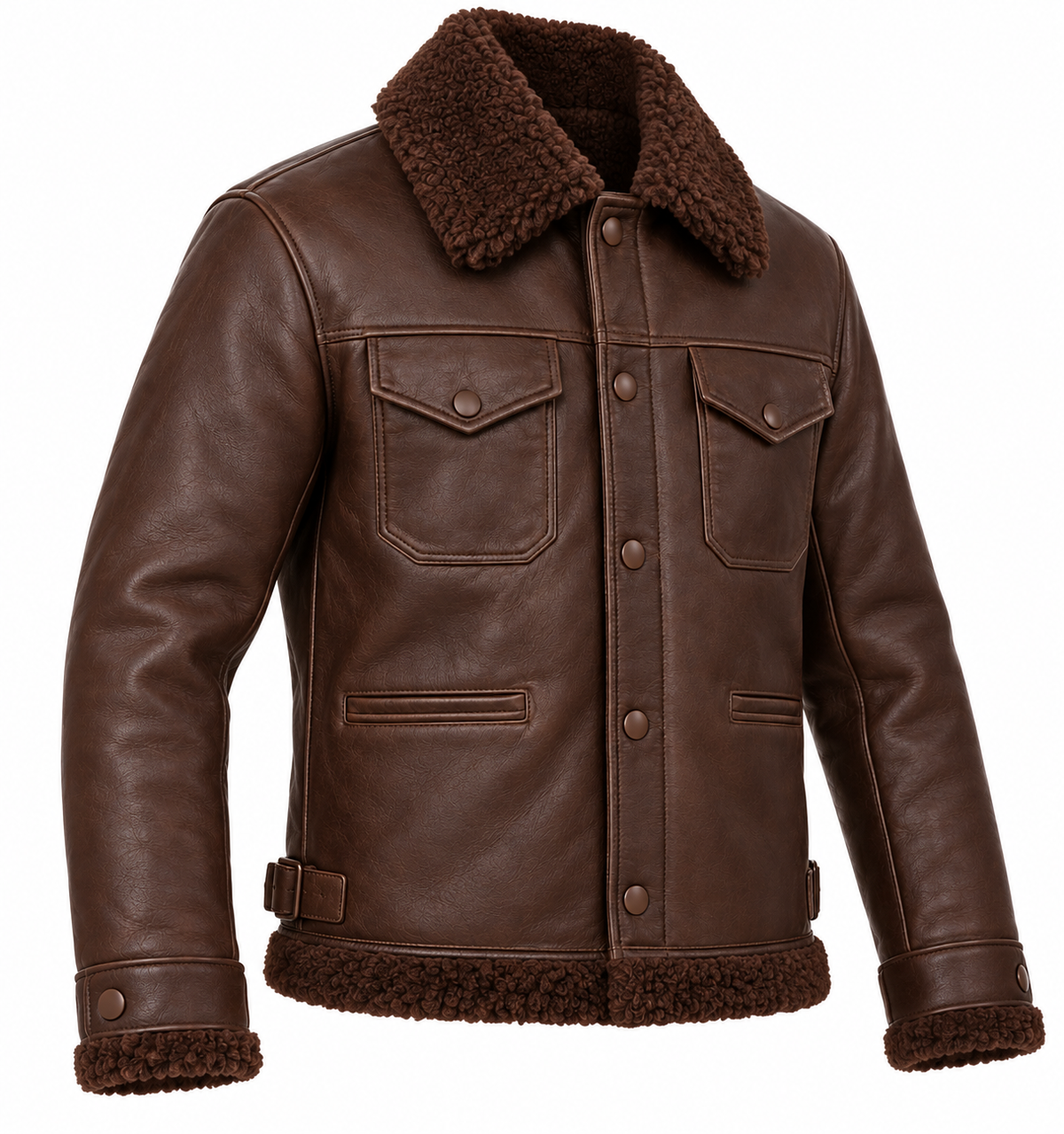 Men’s Brown Sheepskin Shearling Buckle-Waist Trucker Jacket — SH043