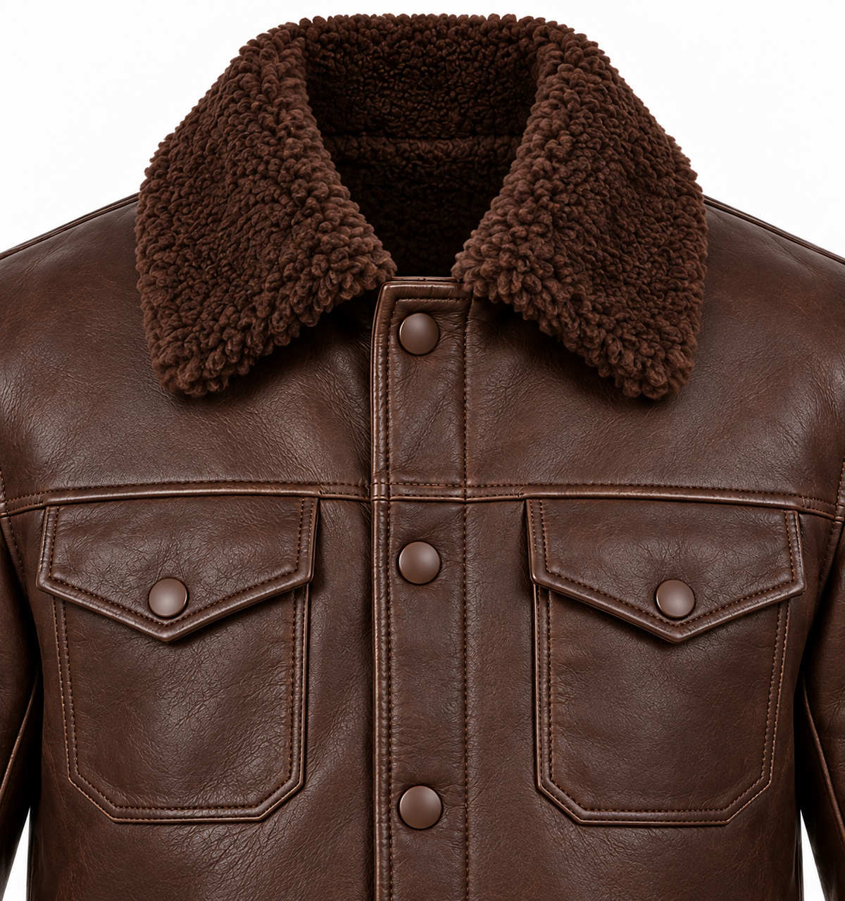 Men’s Brown Sheepskin Shearling Buckle-Waist Trucker Jacket — SH043