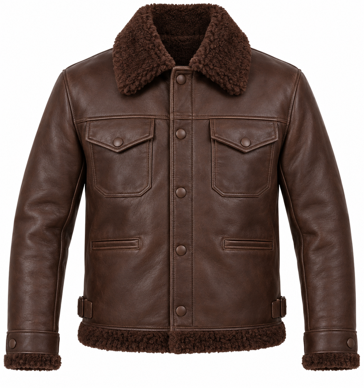 Men’s Brown Sheepskin Shearling Buckle-Waist Trucker Jacket — SH043