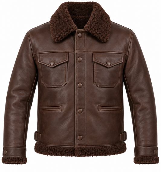 Men’s Brown Sheepskin Shearling Buckle-Waist Trucker Jacket — SH043