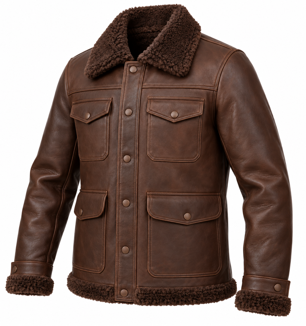 Men’s Brown Sheepskin Shearling Patch-Pocket Trucker Jacket — SH044