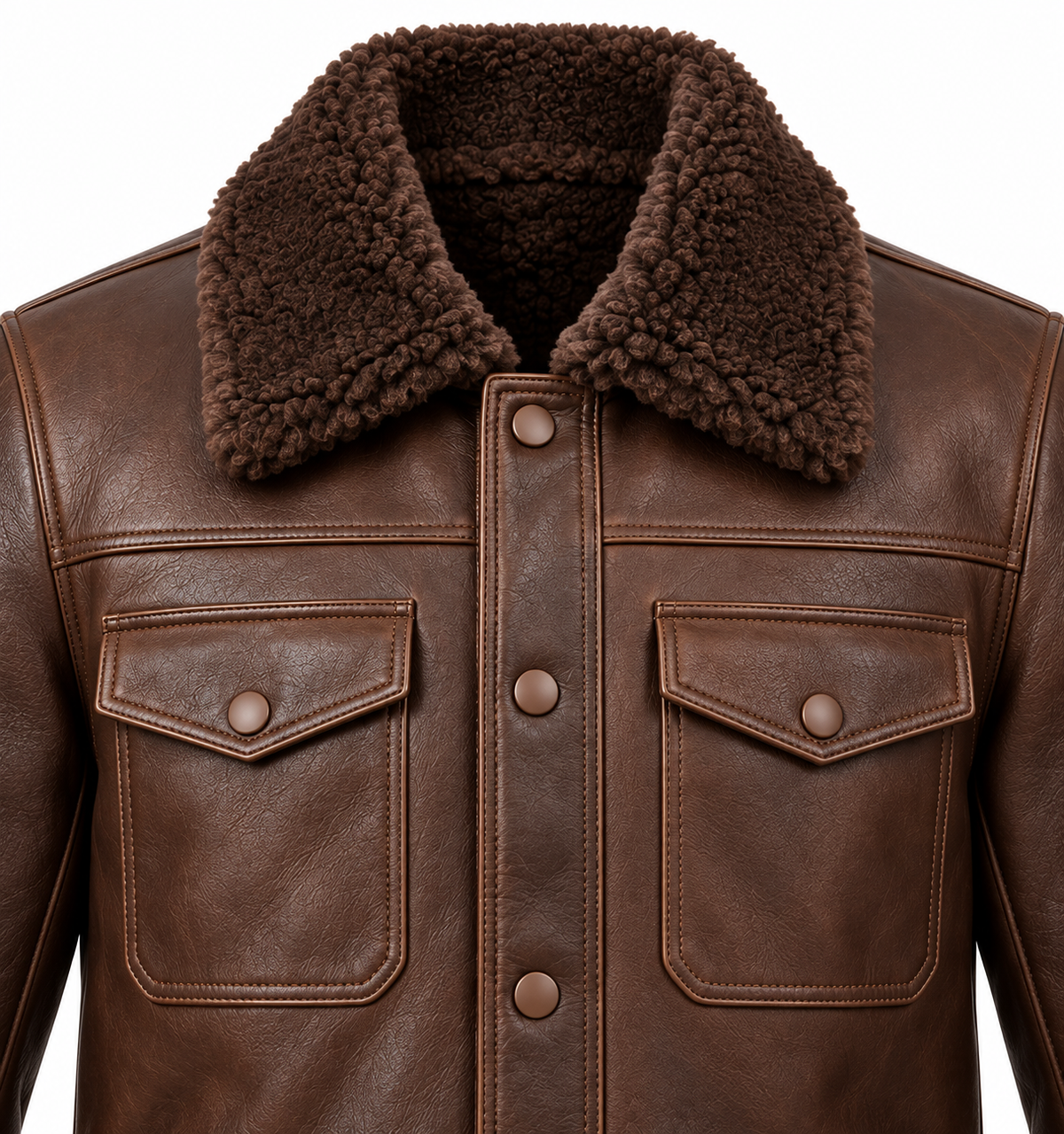 Men’s Brown Sheepskin Shearling Patch-Pocket Trucker Jacket — SH044