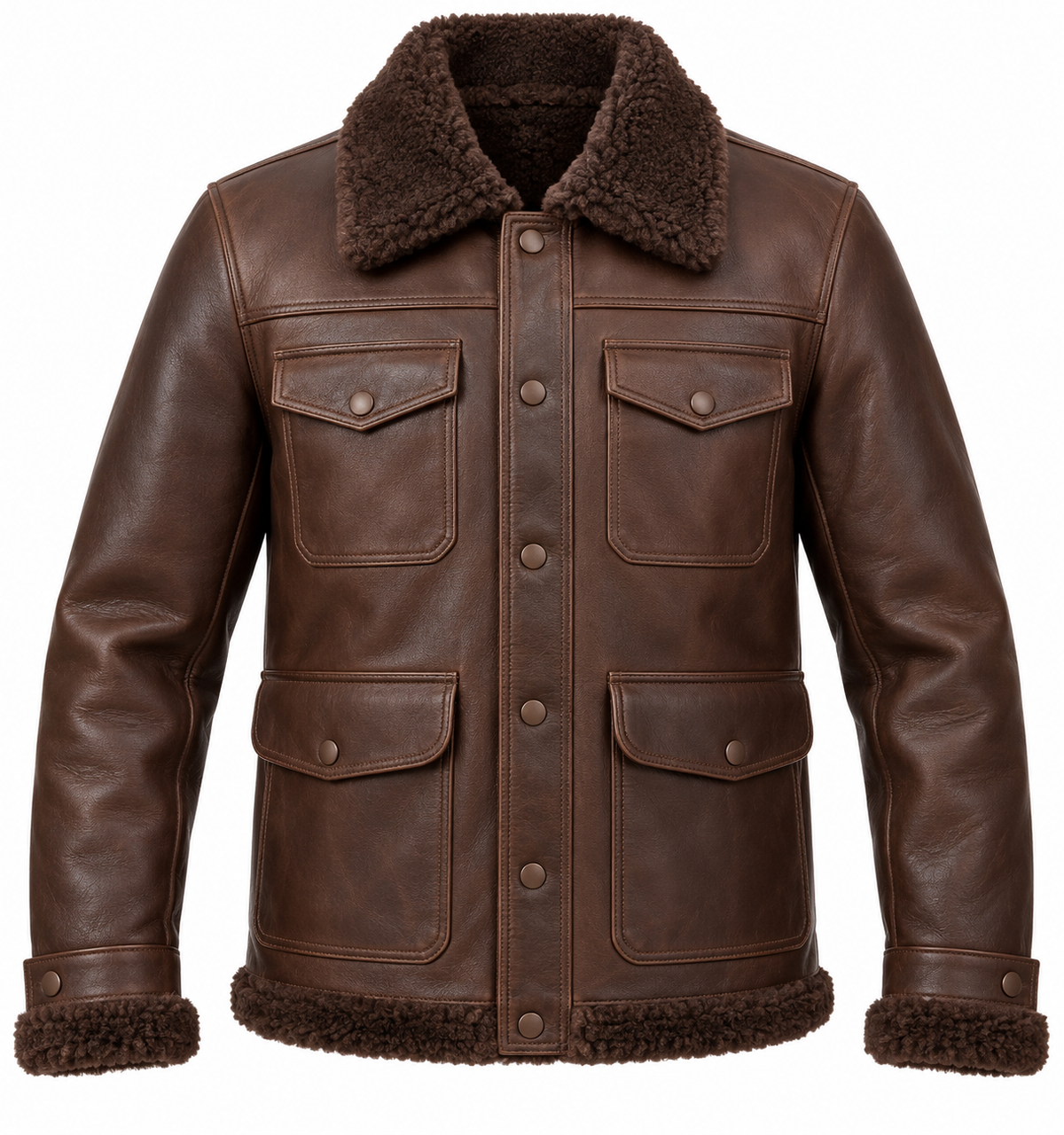 Men’s Brown Sheepskin Shearling Patch-Pocket Trucker Jacket — SH044