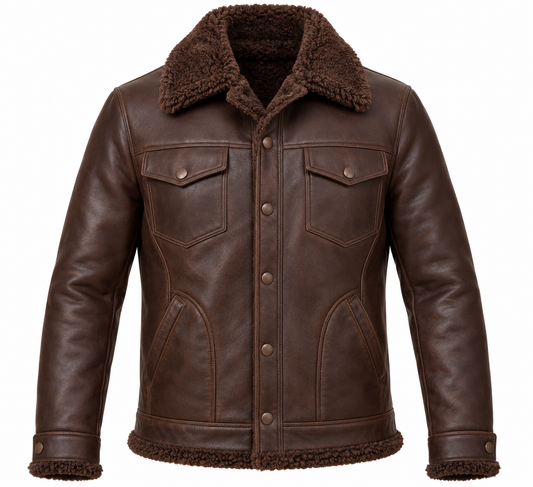 Men’s Brown Sheepskin Shearling Curved-Panel Trucker Jacket — SH045