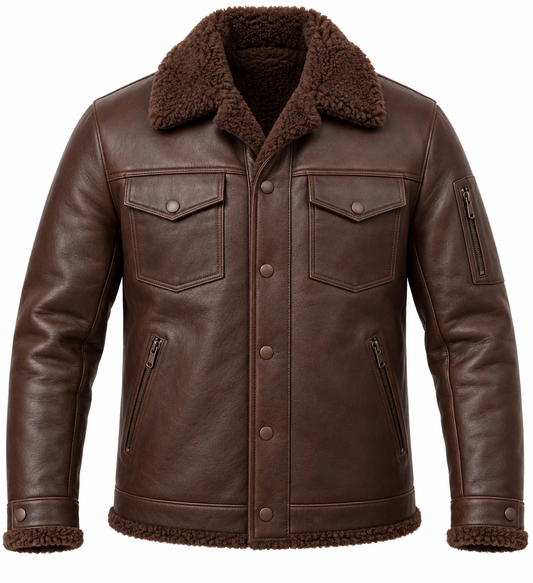 Men’s Brown Sheepskin Shearling Utility-Zip Trucker Jacket — SH046