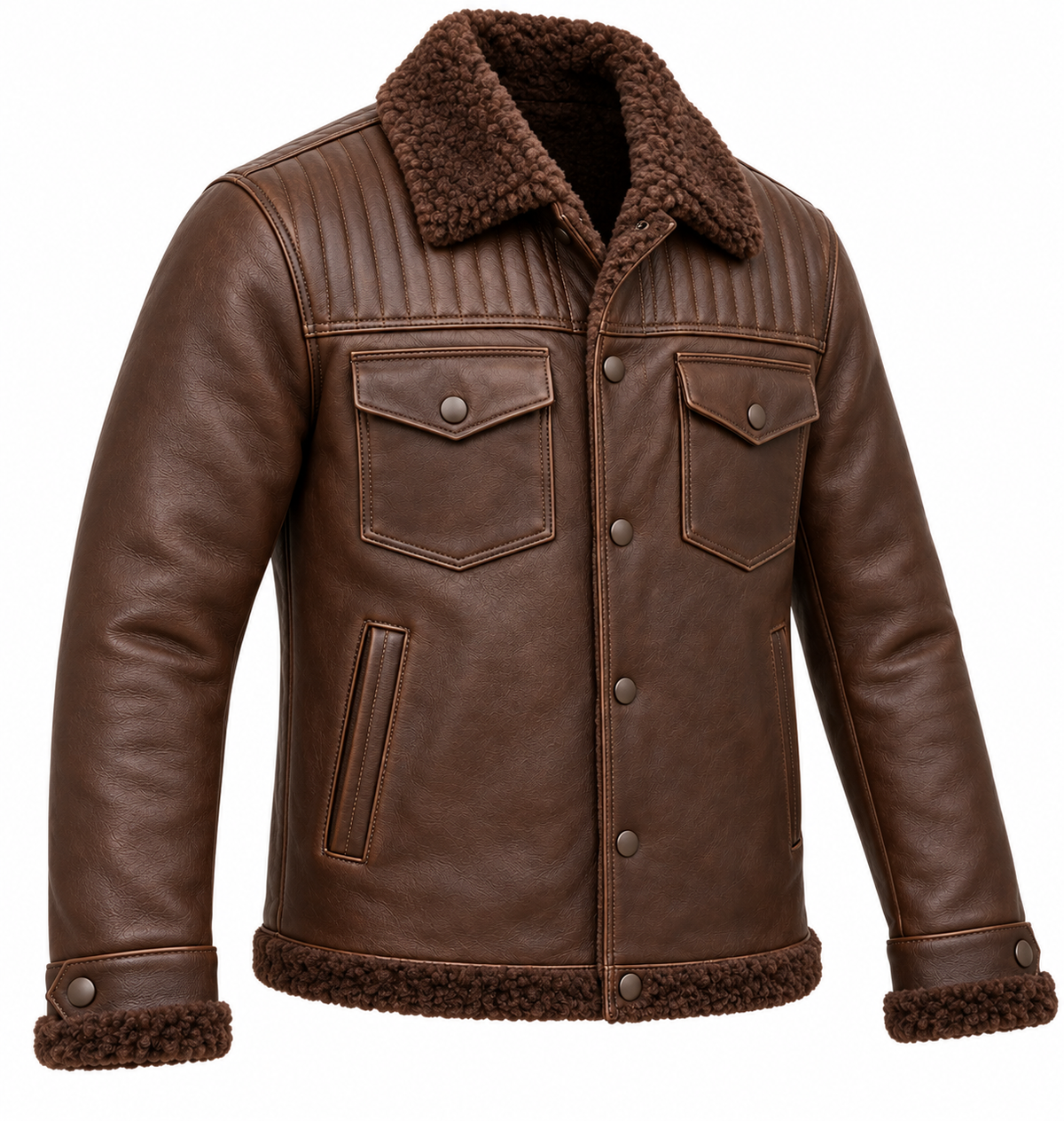 Men’s Brown Sheepskin Shearling Channel-Yoke Trucker Jacket — SH047