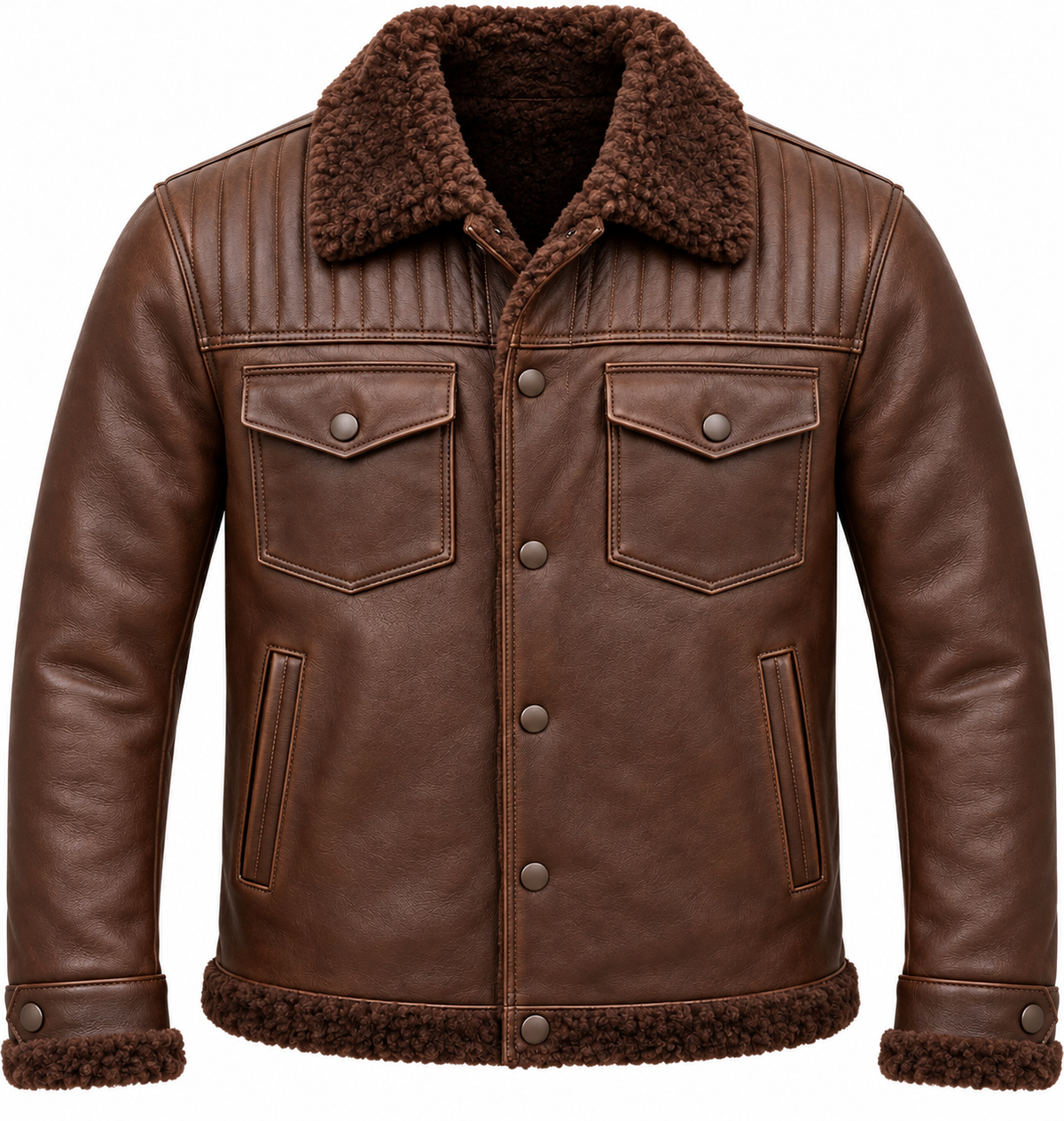 Men’s Brown Sheepskin Shearling Channel-Yoke Trucker Jacket — SH047