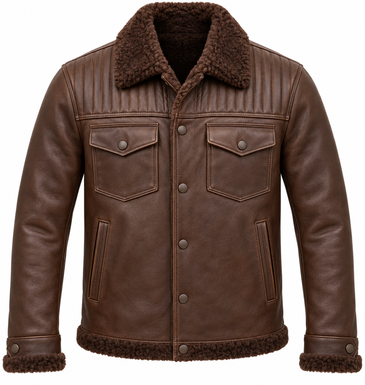 Men’s Brown Sheepskin Shearling Channel-Yoke Trucker Jacket — SH047