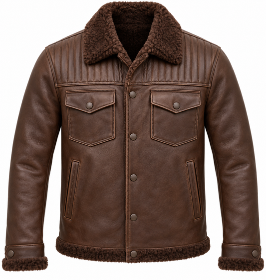 Men’s Brown Sheepskin Shearling Channel-Yoke Trucker Jacket — SH047
