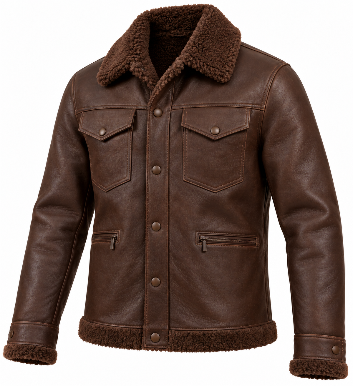 Men’s Brown Sheepskin Shearling Half-Belt Trucker Jacket — SH048