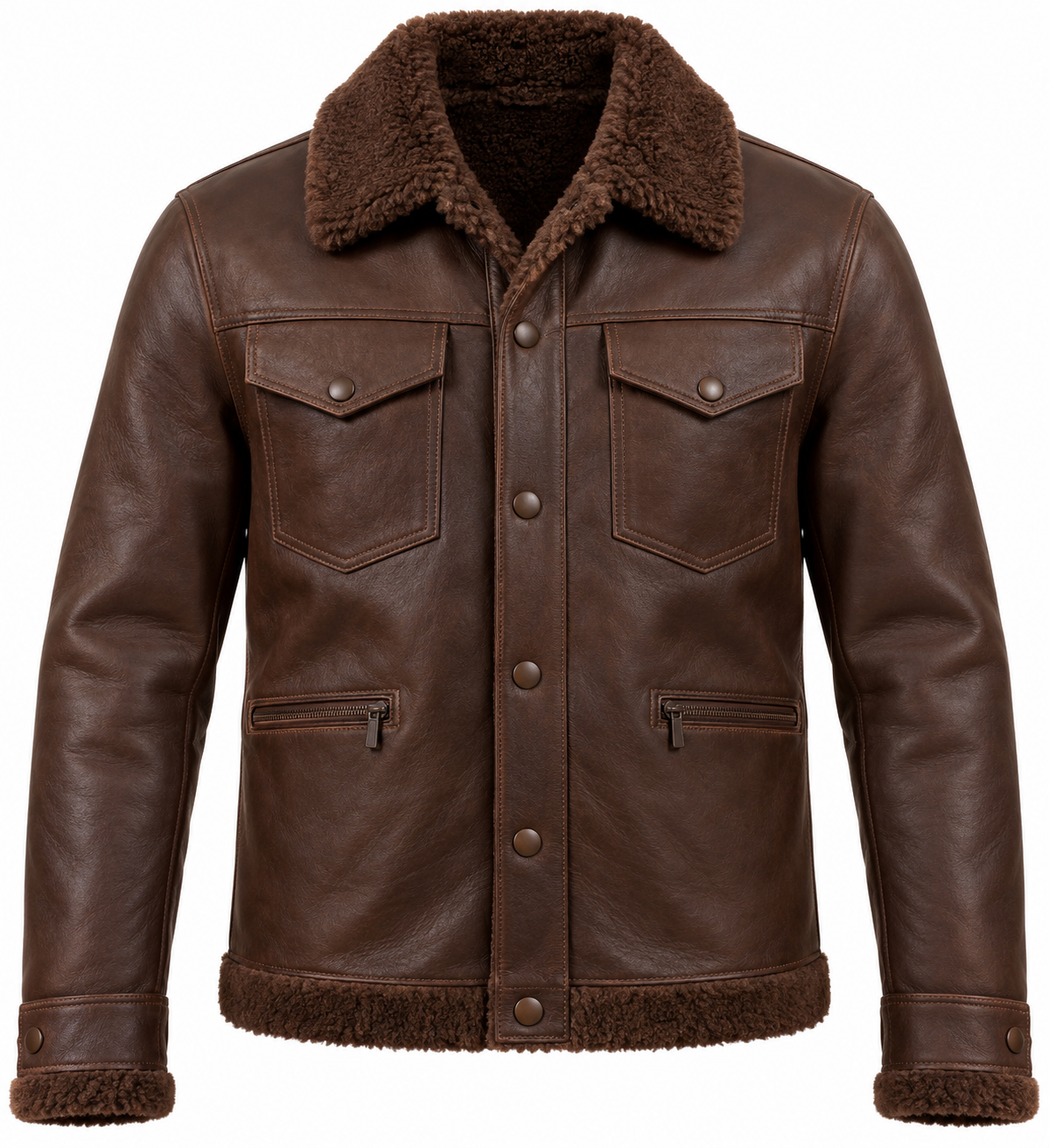 Men’s Brown Sheepskin Shearling Half-Belt Trucker Jacket — SH048