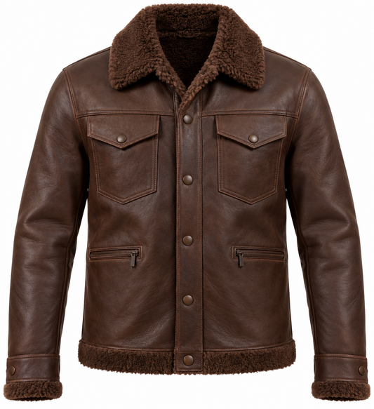 Men’s Brown Sheepskin Shearling Half-Belt Trucker Jacket — SH048