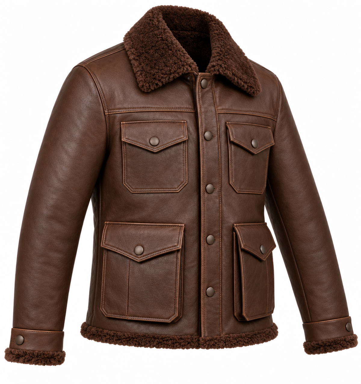 Men’s Brown Sheepskin Shearling Angular-Flap Trucker Jacket — SH049