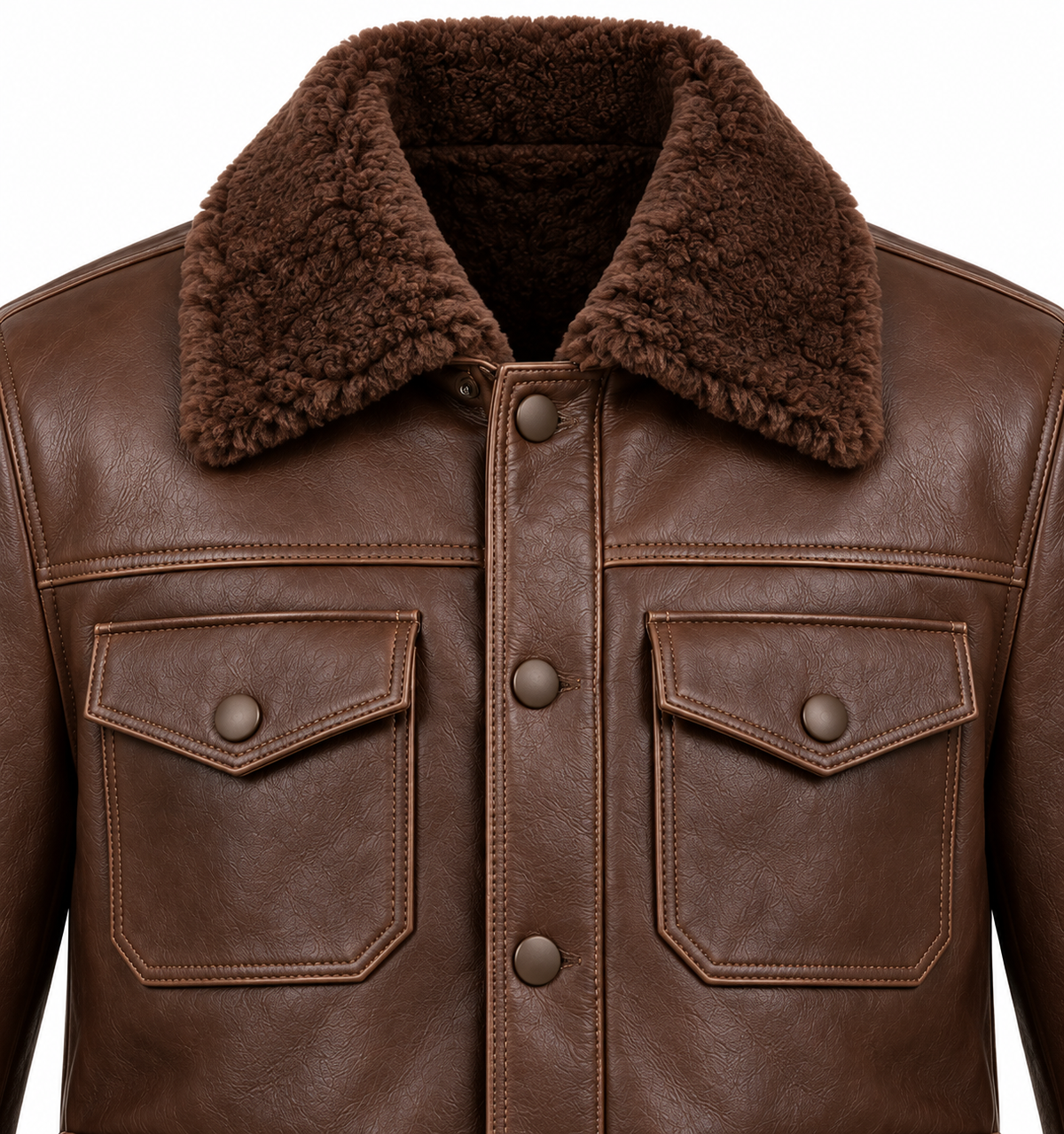 Men’s Brown Sheepskin Shearling Angular-Flap Trucker Jacket — SH049