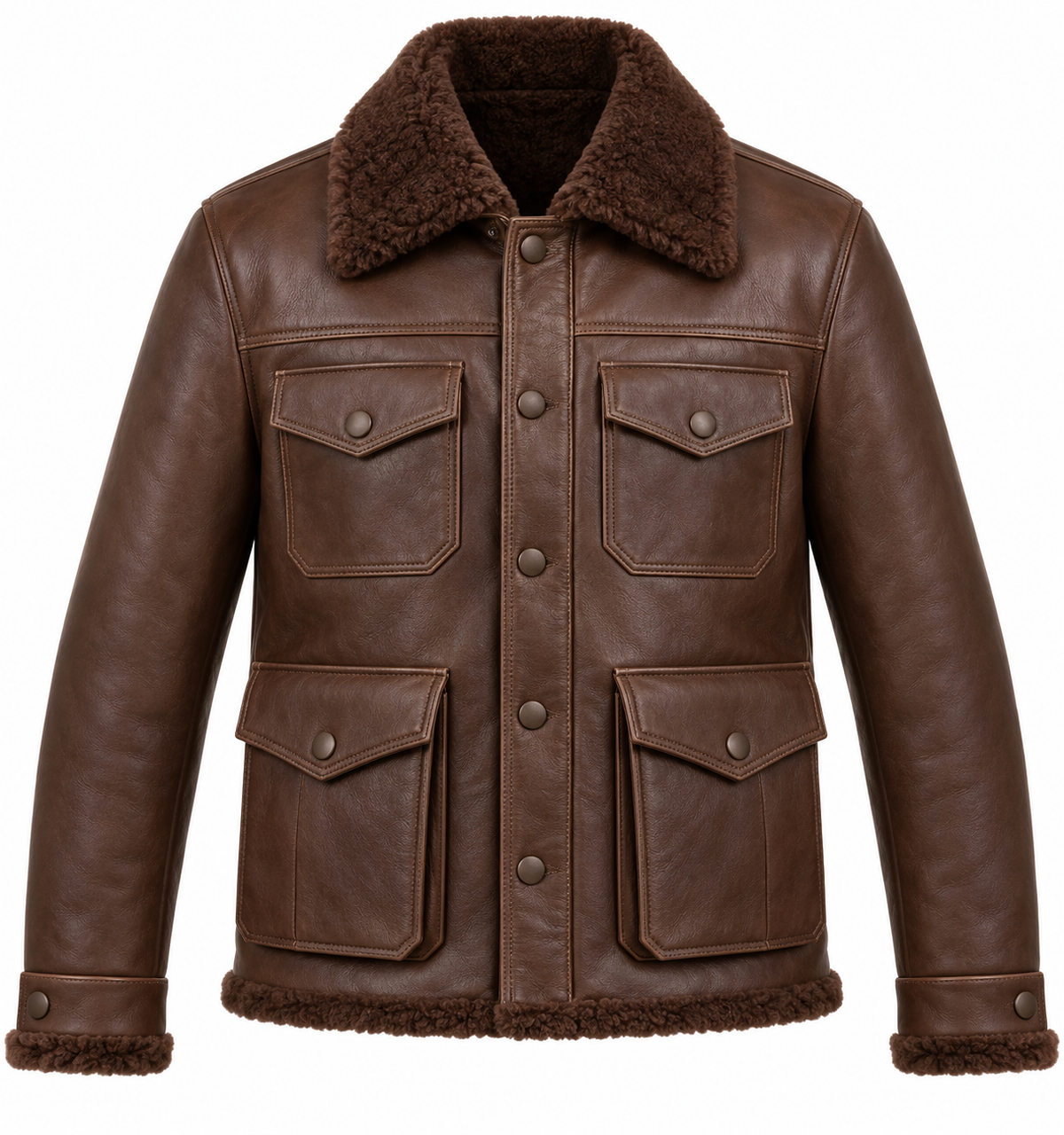 Men’s Brown Sheepskin Shearling Angular-Flap Trucker Jacket — SH049