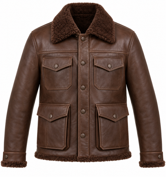 Men’s Brown Sheepskin Shearling Angular-Flap Trucker Jacket — SH049