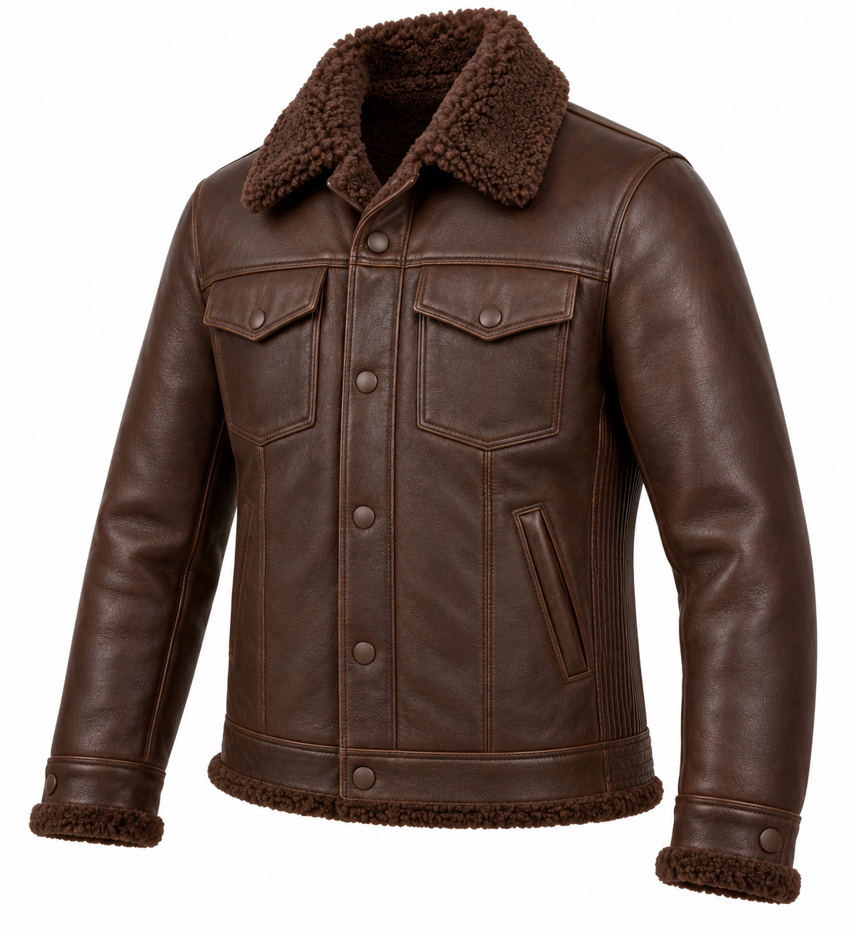 Men’s Brown Sheepskin Shearling Accordion-Side Trucker Jacket — SH050