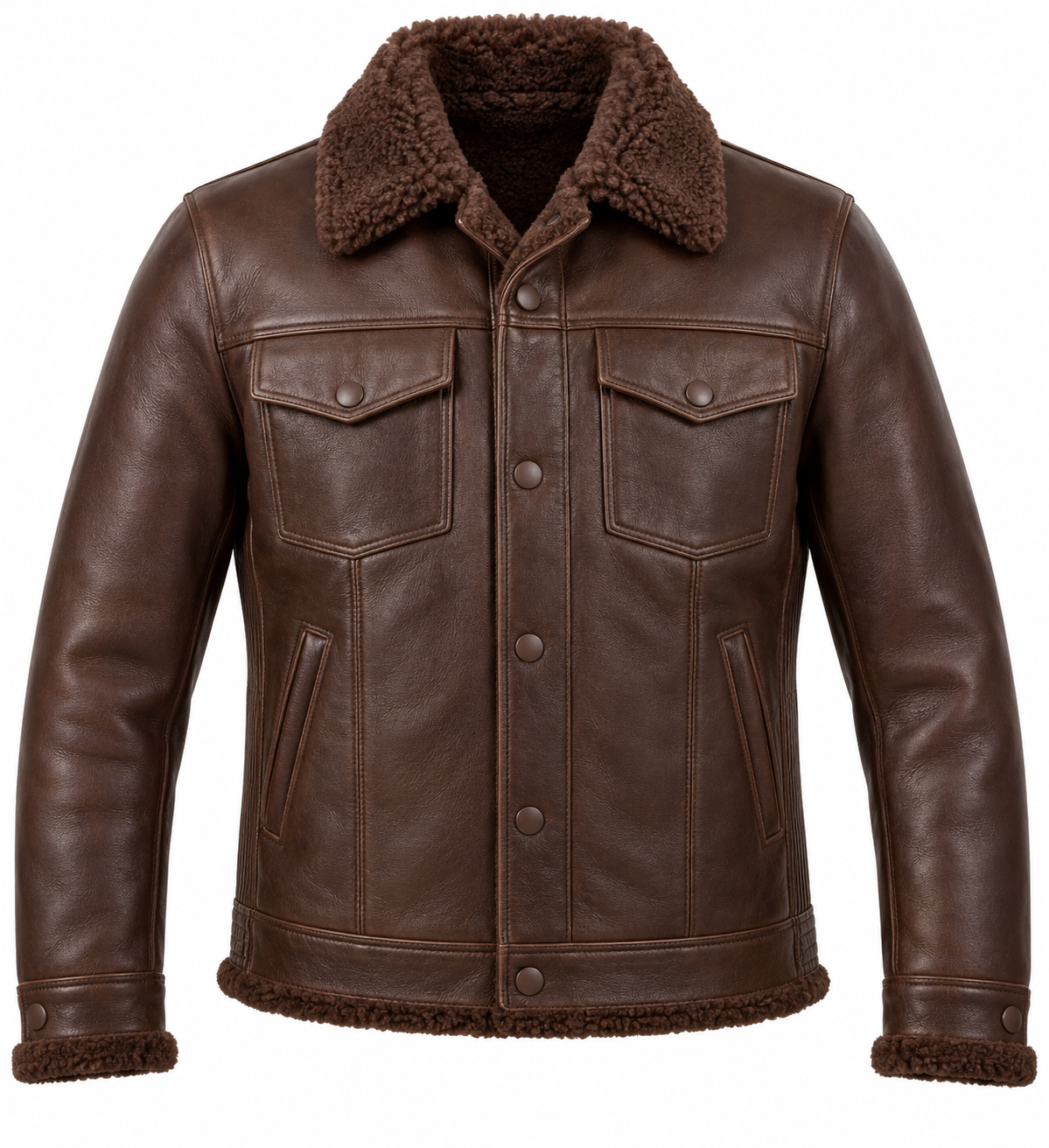 Men’s Brown Sheepskin Shearling Accordion-Side Trucker Jacket — SH050