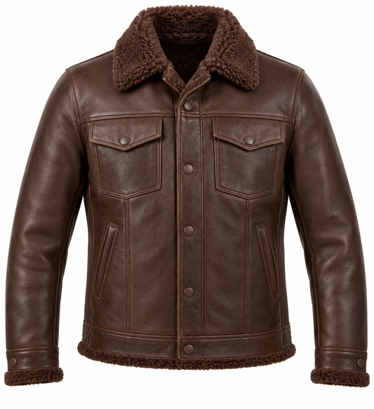 Men’s Brown Sheepskin Shearling Accordion-Side Trucker Jacket — SH050