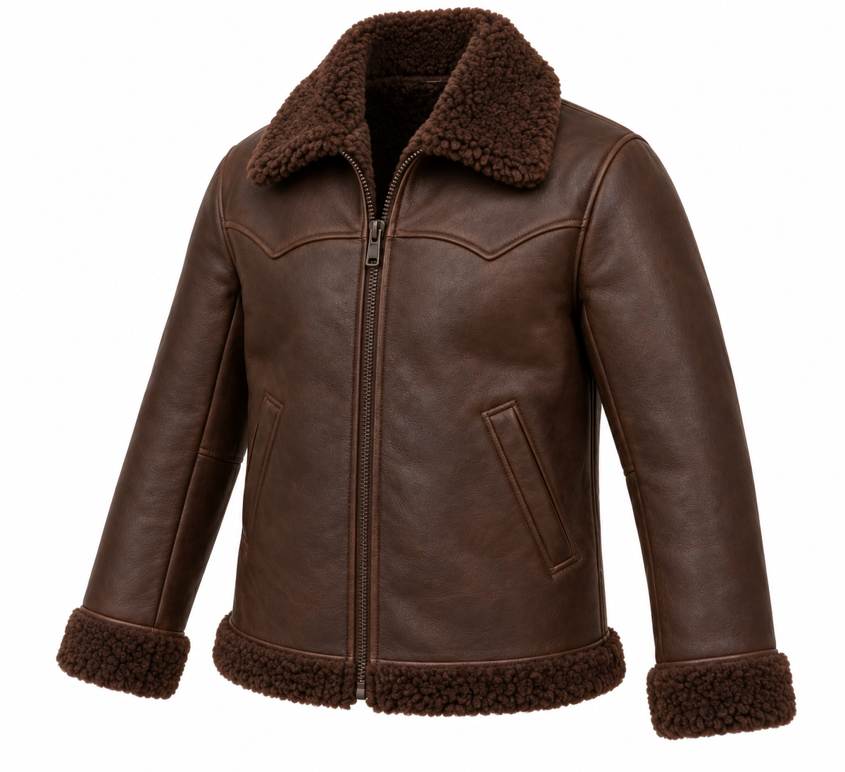 Men’s Brown Sheepskin Shearling Slanted-Welt Ranch Zip Jacket — SH051