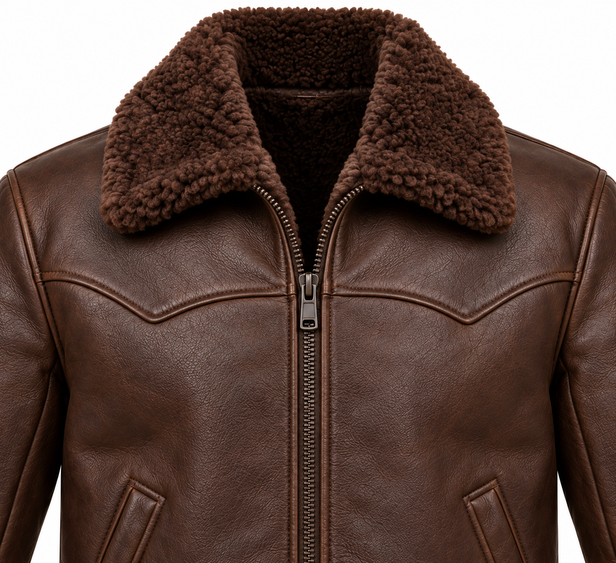 Men’s Brown Sheepskin Shearling Slanted-Welt Ranch Zip Jacket — SH051