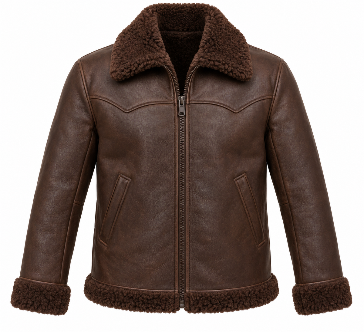 Men’s Brown Sheepskin Shearling Slanted-Welt Ranch Zip Jacket — SH051