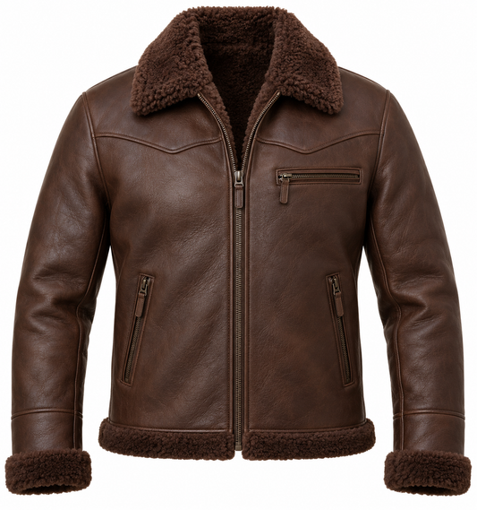 Men’s Brown Sheepskin Shearling Twin-Zip Ranch Zip Jacket — SH052