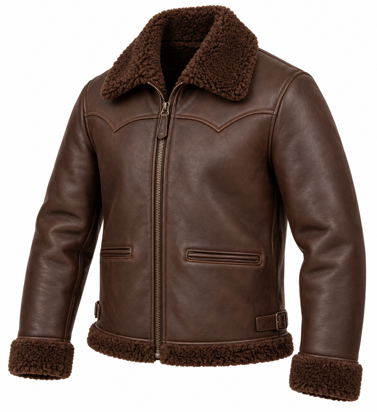 Men’s Brown Sheepskin Shearling Buckle-Waist Ranch Zip Jacket — SH053